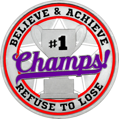Purple "Champs!" with Red Outer Circular Borders
